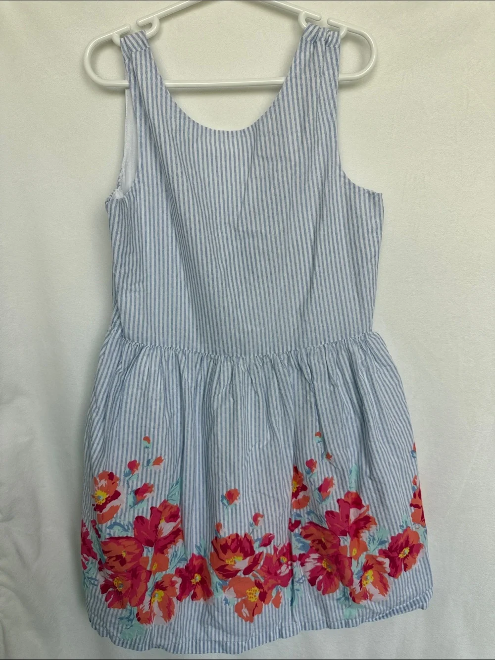 GAP Blue and White Striped Dress with Pink Floral Hem